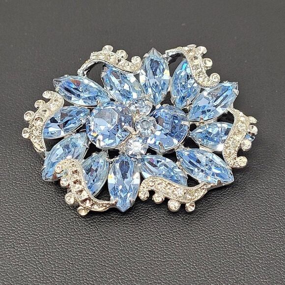 Vintage 60's Signed Eisenberg Brooch Pin Ice Blue Double Flower Silver Ribbon - Picture 1 of 8